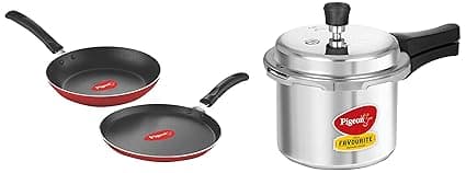 Favourite Induction Base Aluminium Pressure Cooker with Outer Lid, 3 Litres & Pigeon Aluminium Nonstick Duo Pack Flat Tawa 250 and Fry Pan 200 Gift Set