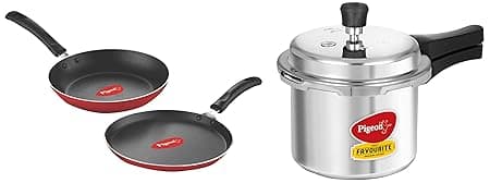 Favourite Induction Base Aluminium Pressure Cooker with Outer Lid, 3 Litres & Pigeon Aluminium Nonstick Duo Pack Flat Tawa 250 and Fry Pan 200 Gift Set
