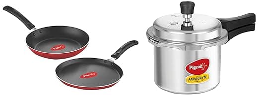 Favourite Induction Base Aluminium Pressure Cooker with Outer Lid, 3 Litres & Pigeon Aluminium Nonstick Duo Pack Flat Tawa 250 and Fry Pan 200 Gift Set