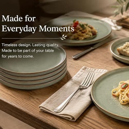 HEARTHEASE Ceramic Dinner Plate Set of 6, 11 Inch - Sage Green with Brown Rim, Microwave & Dishwasher Safe, Ideal for Daily Use 5