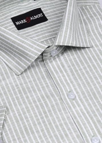 MARK & ALBERT Men's Half Sleeve Cotton Linen Striped Shirt Green 3