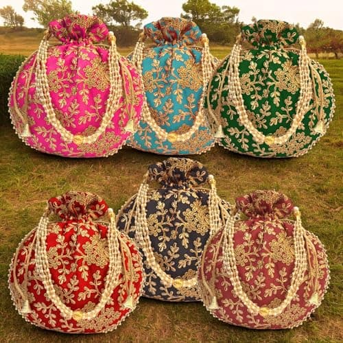 IGH India Gift Hub Handmade Embroidered Potli Bag for Women | Traditional Drawstring Pouch | Ideal for Weddings | Return Gifts | Festive Occasions | Traditional Indian Goody Bags | Multicolor 3