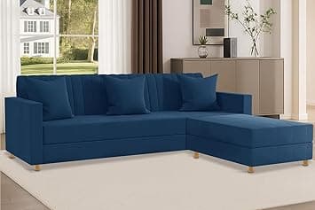 Rosebell 3 + 1 Wooden L Shape Four Seater Convertible Sofa Set for Living Room Furniture Set| Velvet Upholstery Sectional Couch & Compact Living Spaces & Office-Blue Color
