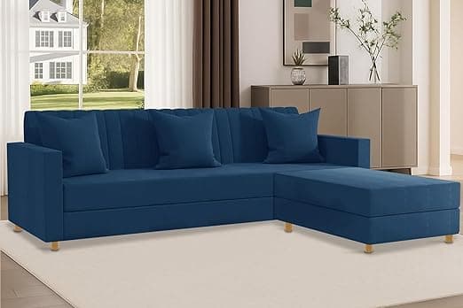 Rosebell 3 + 1 Wooden L Shape Four Seater Convertible Sofa Set for Living Room Furniture Set| Velvet Upholstery Sectional Couch & Compact Living Spaces & Office-Blue Color