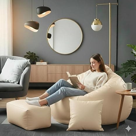 Luxury 5XL Jumbo Bean Bag with Footrest & Cushion | Premium Leatherette | High-Density Beans Filled | Heavy Duty Double Stitch | 6 Months Warranty Color- (Navy Blue) (Cream)