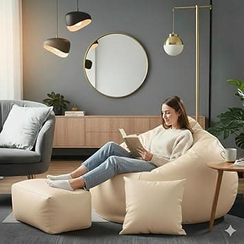 Luxury 5XL Jumbo Bean Bag with Footrest & Cushion | Premium Leatherette | High-Density Beans Filled | Heavy Duty Double Stitch | 6 Months Warranty Color- (Navy Blue) (Cream)