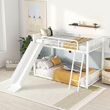 Metal Bunk Bed for KidsTwin Over Twin with Slide – Heavy Duty Steel Frame, Guardrails & Ladder | Fun Play Bed for Boys & Girls Bedroom (White)