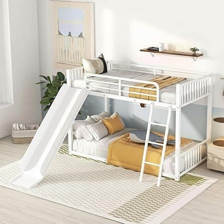 Metal Bunk Bed for KidsTwin Over Twin with Slide – Heavy Duty Steel Frame, Guardrails & Ladder | Fun Play Bed for Boys & Girls Bedroom (White)