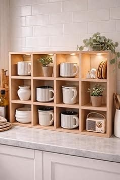 Wooden Display Shelf, 12-Cube Storage Organizer, Oak Finish, Wall Mounted Decorative Grid for Mugs, Collectibles, Home Kitchen Organization