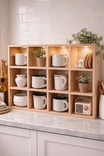 Wooden Display Shelf, 12-Cube Storage Organizer, Oak Finish, Wall Mounted Decorative Grid for Mugs, Collectibles, Home Kitchen Organization