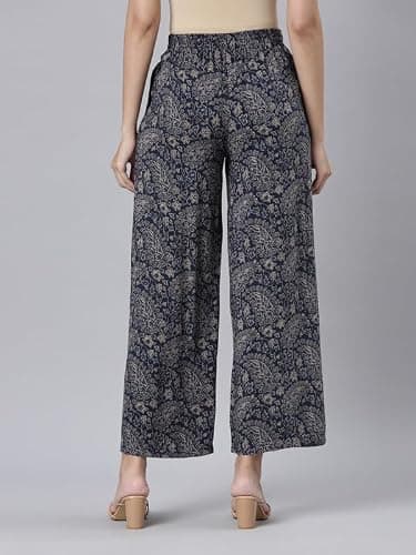 Go Colors Soft Viscose Printed Palazzo Full Length for Women| Breathable, Mid Rise, Beige_LPZ7_Blue_S 4