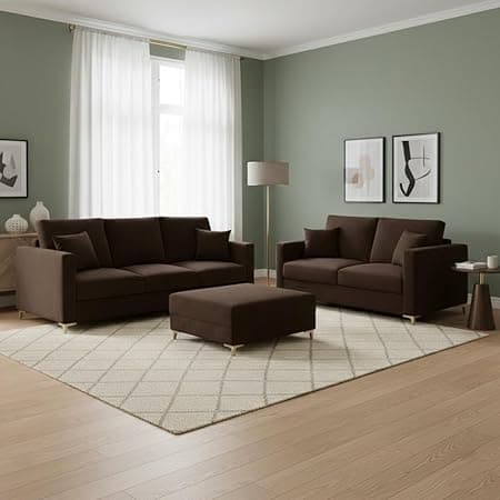 Hayes Rich Velvet Suede 3 Seater + 2 Seater Sofa Set with Ottoman | Golden Aesthetic Legs | 6 Person Seating Capacity | Spacious Soft Touch Comfort | Modern Living Room Sofa (Dark Brown)