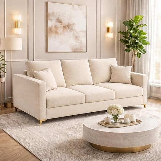Hayes Rich Velvet Suede 3 Seater Sofa | Golden Aesthetic Legs | Spacious Soft Touch Comfort Seating | Modern Sofa for Living Room (Cream)