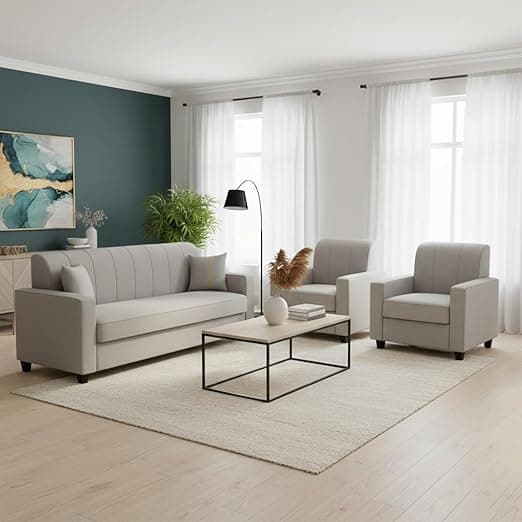 FURNY Cosmos 5 Seater Fabric 3+1+1 Sofa Set (Light Grey) Premium Velvet Finish | Durable Comfort | Ideal for Living Room