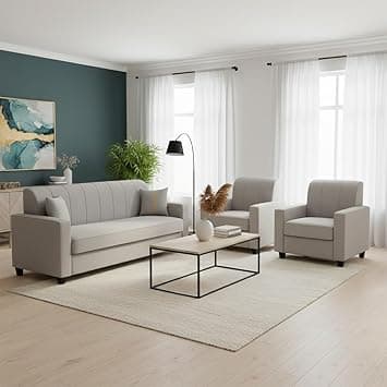 FURNY Cosmos 5 Seater Fabric 3+1+1 Sofa Set (Light Grey) Premium Velvet Finish | Durable Comfort | Ideal for Living Room