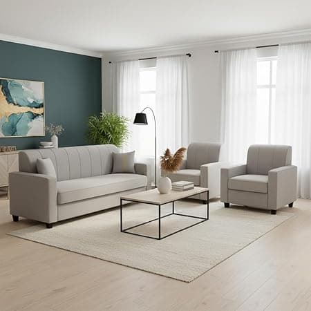FURNY Cosmos 5 Seater Fabric 3+1+1 Sofa Set (Light Grey) Premium Velvet Finish | Durable Comfort | Ideal for Living Room