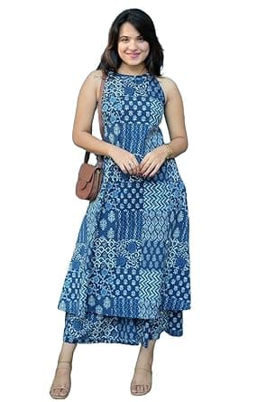 Klosia Women Pure Cotton Kurta Palazzo Set | Sleeveless Printed Kurta with Palazzo Pants | Summer Friendly, Office Wear Co-Ord Set