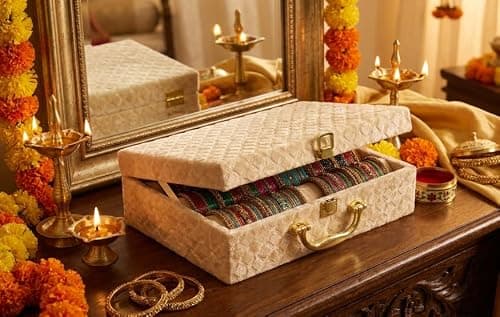 Bubs Spun Bangle Organizer Box for Women, 3 Rod Bridal Chudi Storage Box with Handle & Lock, Premium Velvet Bangle Holder for Bangles, Chudi, Kada & Bracelets, Beige 3