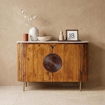Solid Wood Mandala Sideboard Cabinet with Sintered Stone Top for Living Room | Dark Teak Finish Lacquered | 119.8 cm (W) x 39.8 cm (D) x 85 cm (H)