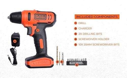 BLACK+DECKER LD12SP 12V 10mm Li-ion Cordless Variable Speed Reversible Drill Machine Driver with 10 Screwdriver & 2 Drill Machine Bits for Home & DIY Use, 1 Year Warranty, ORANGE & BLACK 4