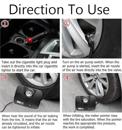12v/300psi 2115 Tyre Inflator Heavy Duty Air Pump with Pressure Gauge Multiple Nozzle & Adaptor Universal for Car/Van/Truck/Bus/SUV 5