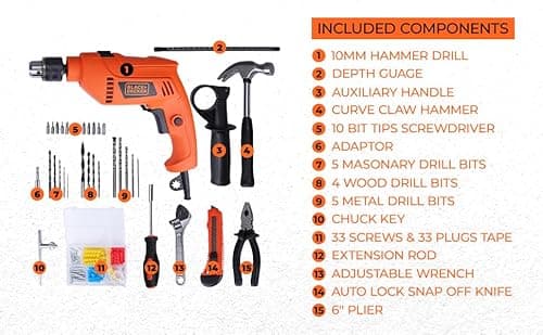 BLACK+DECKER HD555KMPR-B1 100 Pc 13MM 550W HAMMER DRILL & HANDTOOL KIT(Incl. Hammer, Screwdriver, Pliers, Wrench, SideHandle, Depth Gauge,Drill Bits & Accessories, Ideal for Home,DIY &Professional Use 4