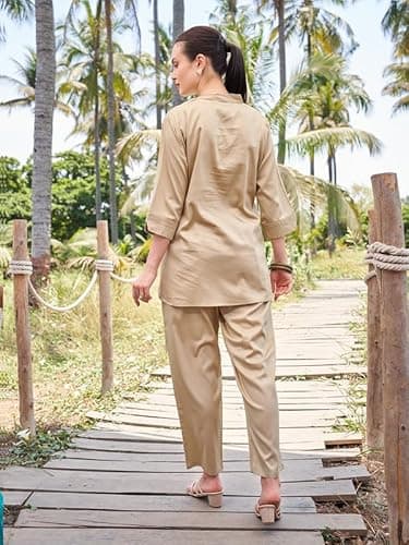 TITTLI Cotton Silk Co-Ord Set for Women | V-Neck Tunic with Three-Quarter Sleeves, Side Slits & Relaxed Fit Trousers | Office & Casual Wear Outfit | L, XL, XXL, 3XL 3