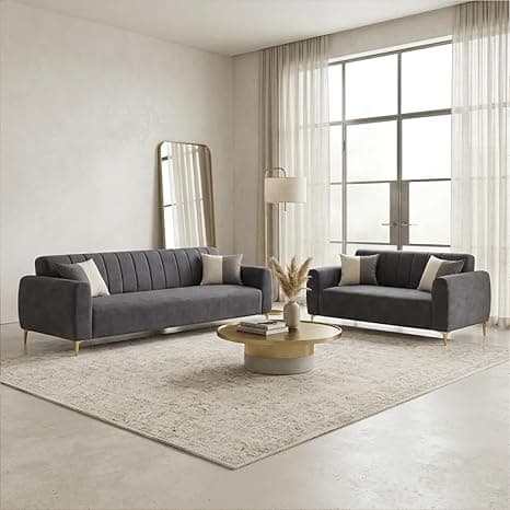 Habibi Rich Velvet Suede 3+2 Seater Sofa Set | Spacious Soft Touch Comfort Seating | 5 Person Seating | Modern Living Room Sofa Set (Dark Gray)