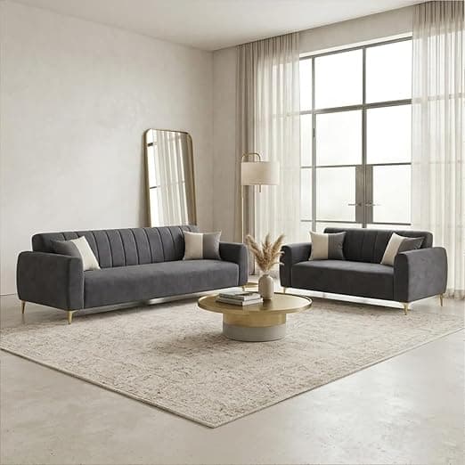 Habibi Rich Velvet Suede 3+2 Seater Sofa Set | Spacious Soft Touch Comfort Seating | 5 Person Seating | Modern Living Room Sofa Set (Dark Gray)