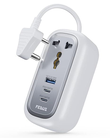 FEDUS 67W GaN Travel Power Adapter Strip Compact Extension Board with USB Ports 4ft Long Retractable Cable Cord, 2 Type C, 1 USB Ports, 2 International Power Sockets, 2500W for Laptop, Home Appliances