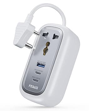 FEDUS 67W GaN Travel Power Adapter Strip Compact Extension Board with USB Ports 4ft Long Retractable Cable Cord, 2 Type C, 1 USB Ports, 2 International Power Sockets, 2500W for Laptop, Home Appliances