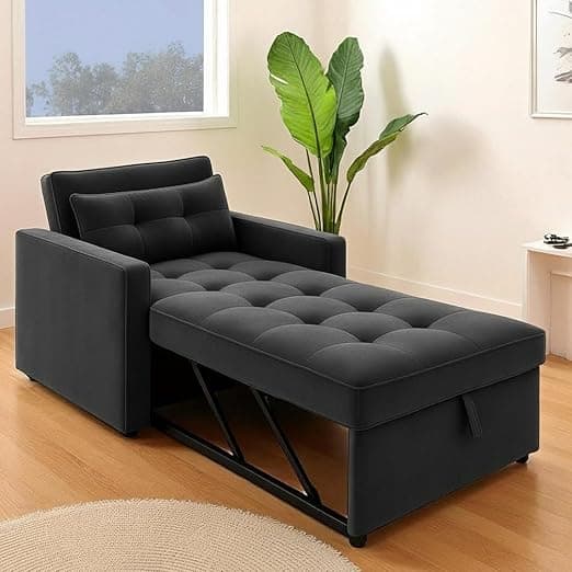 FURNY Tressa 1 Seater Fabric Easy Pull-Out Sofa Cum Bed (Dark Grey) Premium Velvet Finish | Durable Comfort | Ideal for Living Room