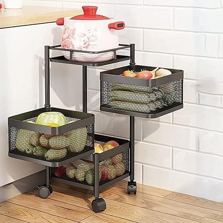 Rasvesh Iron Kitchen Trolley with Wheels, Kitchen Organizer Items and Storage Solutions for Squre Kitchen Organizer and Kitchen Accessories Items (Black,Layer 3)