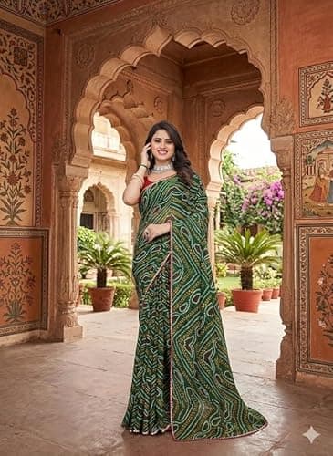 Georgette Saree with Beautiful Design Lightweight Ethnic Outfit for Women Festive Function Use Green 5