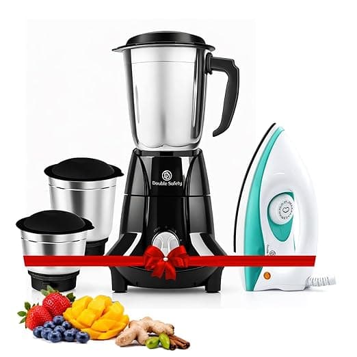 Berlin 750W Juicer Mixer Grinder With 1000W Phuket Dry Iron Combo | 3 Jar | Perfect for Juicing, Mixing, Blending | Stainless Steel Blades | Black | 2 Years Warranty