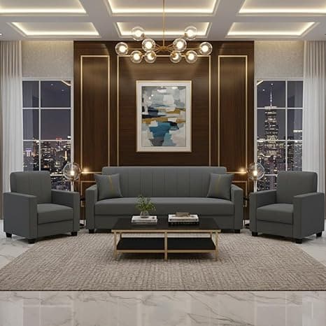 FURNY Cosmos 5 Seater Fabric 3+1+1 Sofa Set (Dark Grey) Premium Velvet Finish | Durable Comfort | Ideal for Living Room