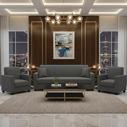 FURNY Cosmos 5 Seater Fabric 3+1+1 Sofa Set (Dark Grey) Premium Velvet Finish | Durable Comfort | Ideal for Living Room