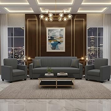 FURNY Cosmos 5 Seater Fabric 3+1+1 Sofa Set (Dark Grey) Premium Velvet Finish | Durable Comfort | Ideal for Living Room