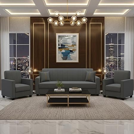 FURNY Cosmos 5 Seater Fabric 3+1+1 Sofa Set (Dark Grey) Premium Velvet Finish | Durable Comfort | Ideal for Living Room