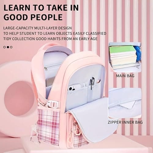 Shop Heaven Cute Bow Cartoon School Bag | 18-Inch College Laptop Backpack for Women & Teens | Aesthetic Pink Plaid Daypack with Zipper Pouch for Travel, Tuition & Coaching (PEACH) 3