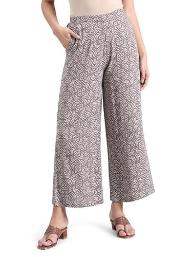 GO COLORS Soft Viscose Printed Palazzo Full Length for Women| Breathable, Mid Rise, Brown