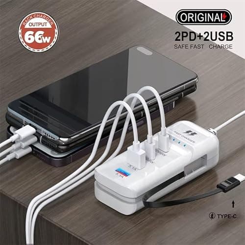 WISTAR 66W USB Hub Charging Station 2-USB & 2-PD Ports Safe Fast Charger with Type-C Cable, Multi-Device USB C Charging Hub, Durables USB Fast Charging Desktop Charger for Phone, Tablet 3
