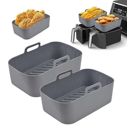 Pipihome Silicone Pot For Ninjas Dual Air Fryer, 2PCS Silicone Air Fryer Liners Double Air Fryer Silicone Air Fryer Basket, Air Fryer Rack Accessories for Air Fryer, Oven, Microwave (Gray)