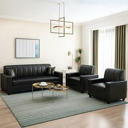 FURNY Cosmos 5 Seater Leatherette 3+1+1 Sofa Set (Black) Premium Velvet Finish | Durable with Comfort | Ideal for Living Rooms, Offices, Hospitals