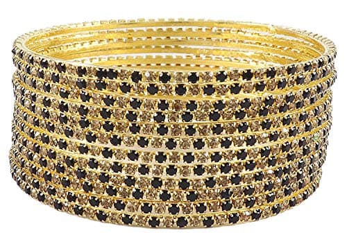 ZULKA Non-Precious Metal Base Metal with Zircon Gemstone Studded worked Glossy Finished Bangle Set For Women and Girls, (Black-Golden_2.8 Inches), Pack Of 12 Bangle Set 3