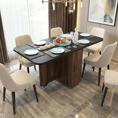 Klaxon Dining Table 6 Seater with Metal Legs | Modern Dining Table in Black & Forest Dark Finish | Strong Dining Table (Asian Walnut & Black, DIY Installation)