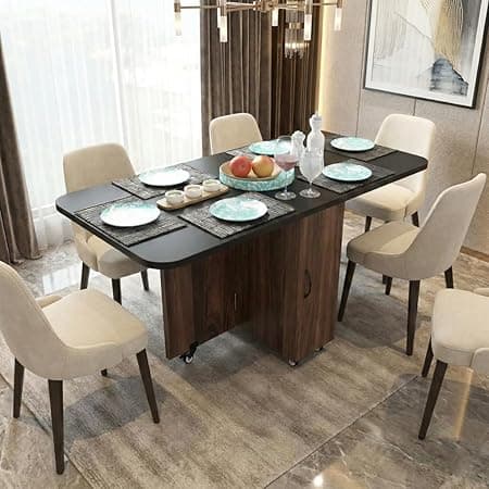 Klaxon Dining Table 6 Seater with Metal Legs | Modern Dining Table in Black & Forest Dark Finish | Strong Dining Table (Asian Walnut & Black, DIY Installation)