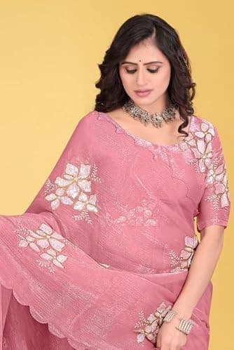 Women's Elegant Saree with Floral Embroidery, Traditional Indian Ethnic Wear For women (pink) 2