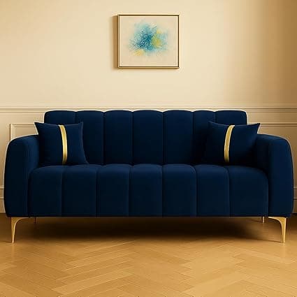 FURNY Harmony 2 Seater Velvet Fabric Sofa Set (Blue) with Premium Golden Finish Legs | Velvet Finish | Ideal for Living Room