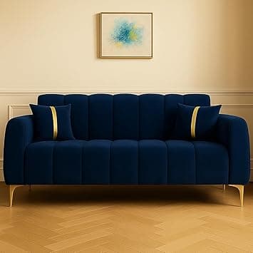 FURNY Harmony 2 Seater Velvet Fabric Sofa Set (Blue) with Premium Golden Finish Legs | Velvet Finish | Ideal for Living Room